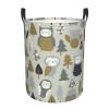Cute Owls and Trees Grey Laundry Basket Waterproof Foldable Laundry Hamper with Durable Handle Round Storage Basket Dirty Clothes Organizer Bag for Bathroom Bedroom College Dorm view 1