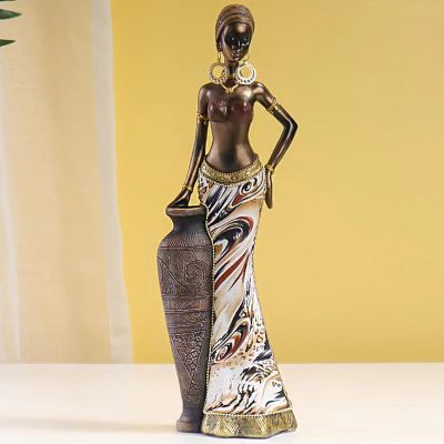 Africa Sculpture Lady Decorations, African Jar Figurines Home Decor, 12.5'' Desktop Art Figure Statues, Collectible Vintage Gift Crafts, Tribal Totem Desk Ornaments for Wedding Party (G04173A)