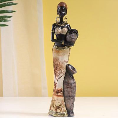 Africa Sculpture Lady Decorations, African Jar Figurines Home Decor, 12.5'' Desktop Art Figure Statues, Collectible Vintage Gift Crafts, Tribal Totem Desk Ornaments for Wedding Party (G04172B)