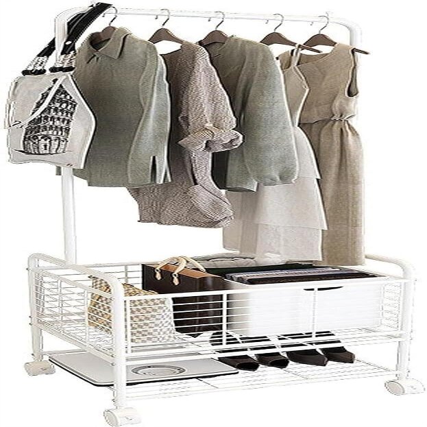 REROM Floor-Standing Clothes Hat Rack,with Swivel Wheels Coat Rack Free-Standing Shoe Rack Living Room Bedroom Clothes Storage Shelf Garment Rack
