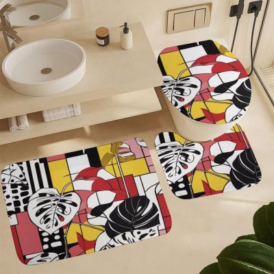 ZGDPBYF Spotted Leopard Monstera Leaf Print 3 Piece Bath Mats Black White Red Yellow Geometric Striped Waterproof Non Slip Bath Mat Set, Washable Rug for Bathroom,-3-Piece Set