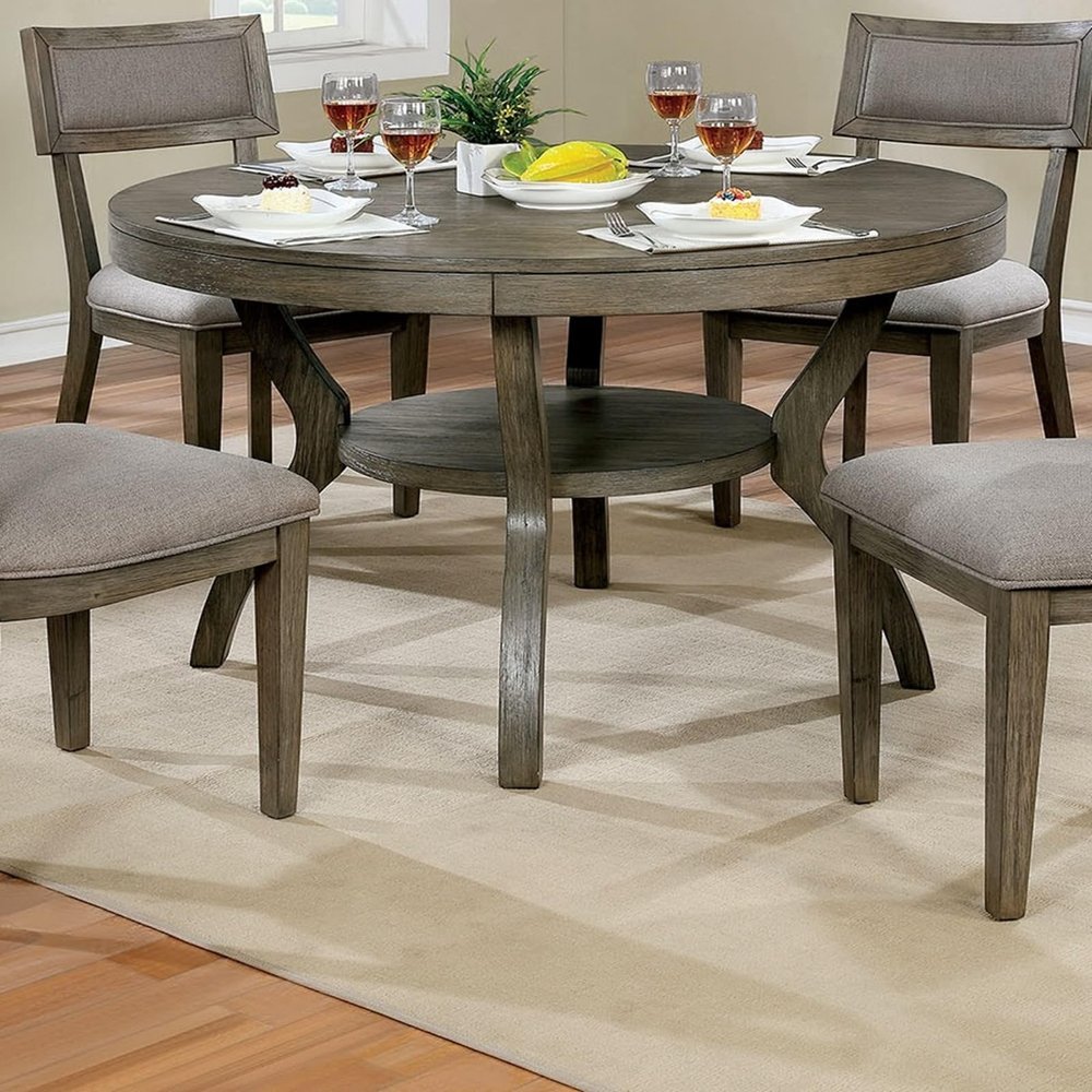 AMDXD Rustic Grey Solid Wood Round Dining Table W Shelf Dining Room Furniture 1Pc Table Only