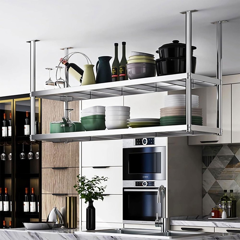 Junvstor Ceiling Mount Kitchen Shelf Industrial Storage Shelves Hanging Decorative Display Rack, Floating Pot Pan Storage Shelf Metal Stand for Plant Flower, Wine Bottle Holder (Size : 60x35x80cm)