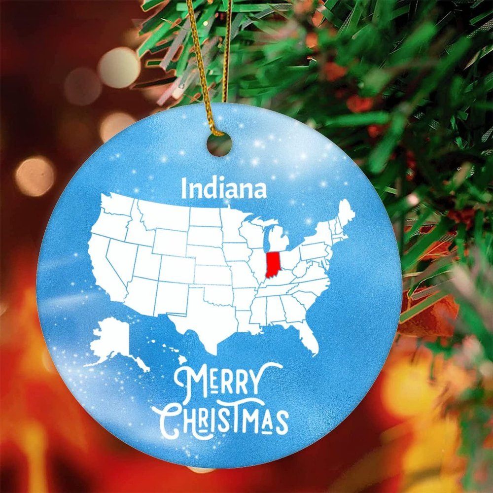 Guangpat Indiana State Ornament, Gift World Traveler, USA Travel Ornament, Indiana Round Souvenir, USA State Christmas Keepsake, Winter Xmas Tree Decor, Holiday Party Supplies, 3-Inch