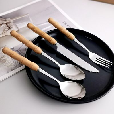 Bamboo Silverware Set for 16, 64 Piece 18/8 Stainless Steel Tableware in Ergonomic Design Size and Weight Food Grade Stainless Steel Including Steak Knife Fork and Spoon for Home Kitchen Christmas
