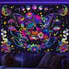 Xiaoput Blacklight Skull Tapestry, UV Reactive Mushroom Butterfly, Aesthetic Moth Moon Flowers, Hippie Skeleton Wall Hanging for Bedroom, Living Room, Home, Dorm 80x60IN view 1