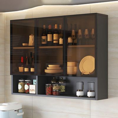 LAKIQ Wall Mounted Storage Cabinet with Glass Doors Wooden Display Stand Storage Cabinet for Kitchen Dining Room Bathroom Office(Brown Glass,47.2" L x 12" W x 31.5" H)