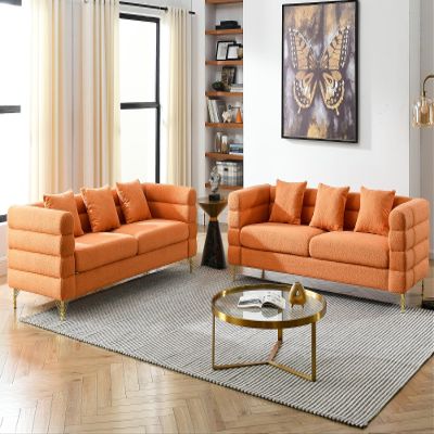 2 Pieces Cloud Sofa Set, Teddy Boucl 3 Seater Couch Sets, Upholstered Tufted Modern Sofa with Gold Legs & Pillows, Comfy Deep Seat Sherpa Couch for Living Room, Bedroom, Office, Apartment(Orange)