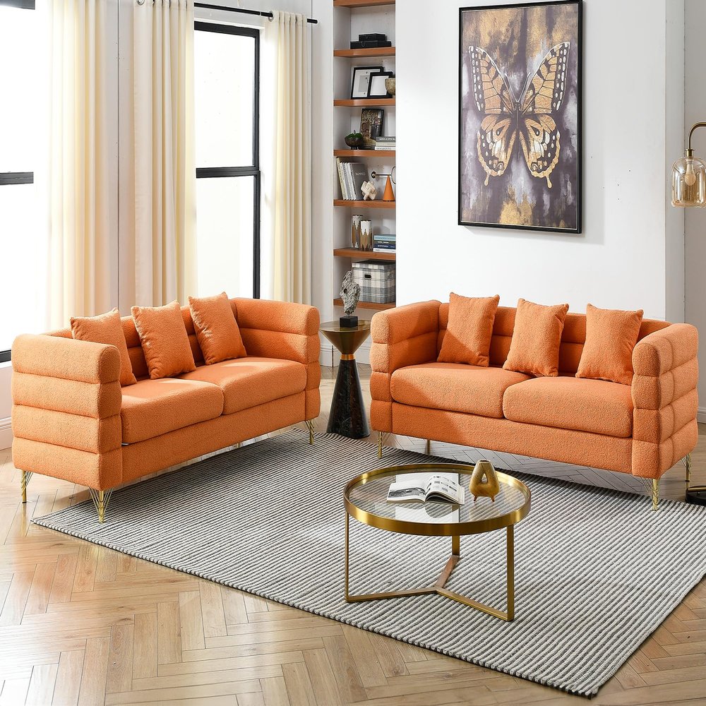 2 Pieces Cloud Sofa Set, Teddy Boucl 3 Seater Couch Sets, Upholstered Tufted Modern Sofa with Gold Legs & Pillows, Comfy Deep Seat Sherpa Couch for Living Room, Bedroom, Office, Apartment(Orange)