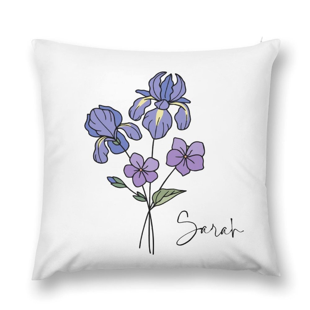 Custom Birth Flower Throw Pillow Cover with Name Soft Velvet Decorative 24"x24" Cushion Cases Personalized Birth Month Flower Gift for Her, FEB_Iris, Violet