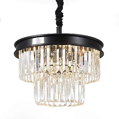 E14 American Creative Simple Light Luxury Chandelier,Living Room Dining Entrance Bedroom Children's Room Bedroom Lig,Black Industrial Style Round K9 Long Strip Crystal Chandelier-Black. 45 * 28cm ,pen