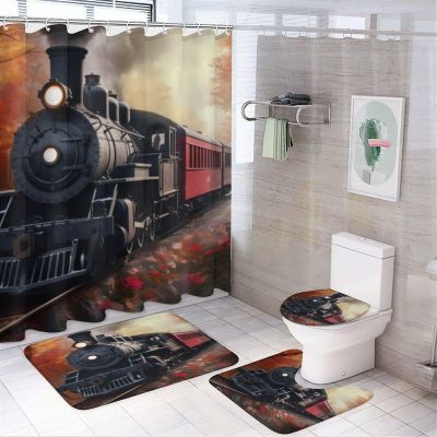 Brebasf Beautiful Old Steam Train 4 Pieces Shower Curtain Set,Abstract Oil Painting Fall Forest Antique Steam Train Non-Slip Rugs Toilet Lid Cover Bath Mat and Bathroom Curtain