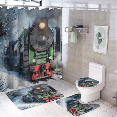 FBMLBRB Brebasf Watercolor Old Steam Train 4 Pcs Waterproof Shower Curtain Set,Abstract Oil Painting Winter Forest Antique Steam Train with Waterproof Toilet Cover Shower Mat Rugs