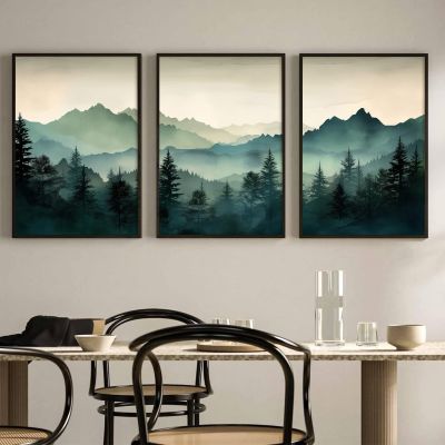 Mountain Wall Art Decor Set of 3 Sage Green Forest Canvas Wall Art Prints Nature Landscape Wall Decor Watercolor Pine Tree Pictures Abstract Modern Painting for Living Room Bedroom 16x24 Inch Unframed