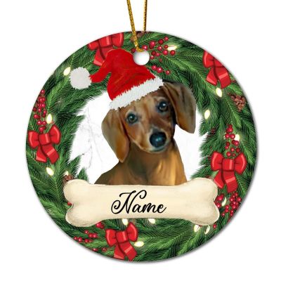 Guangpat Personalized Pet Ornament Brown Dachshund Hat Lover Custom Ornament with Name Pet Memorial Gift for Pet Owner Christmas Tree Decorations Holiday Xmas Party Decor 3" Ceramic Keepsake