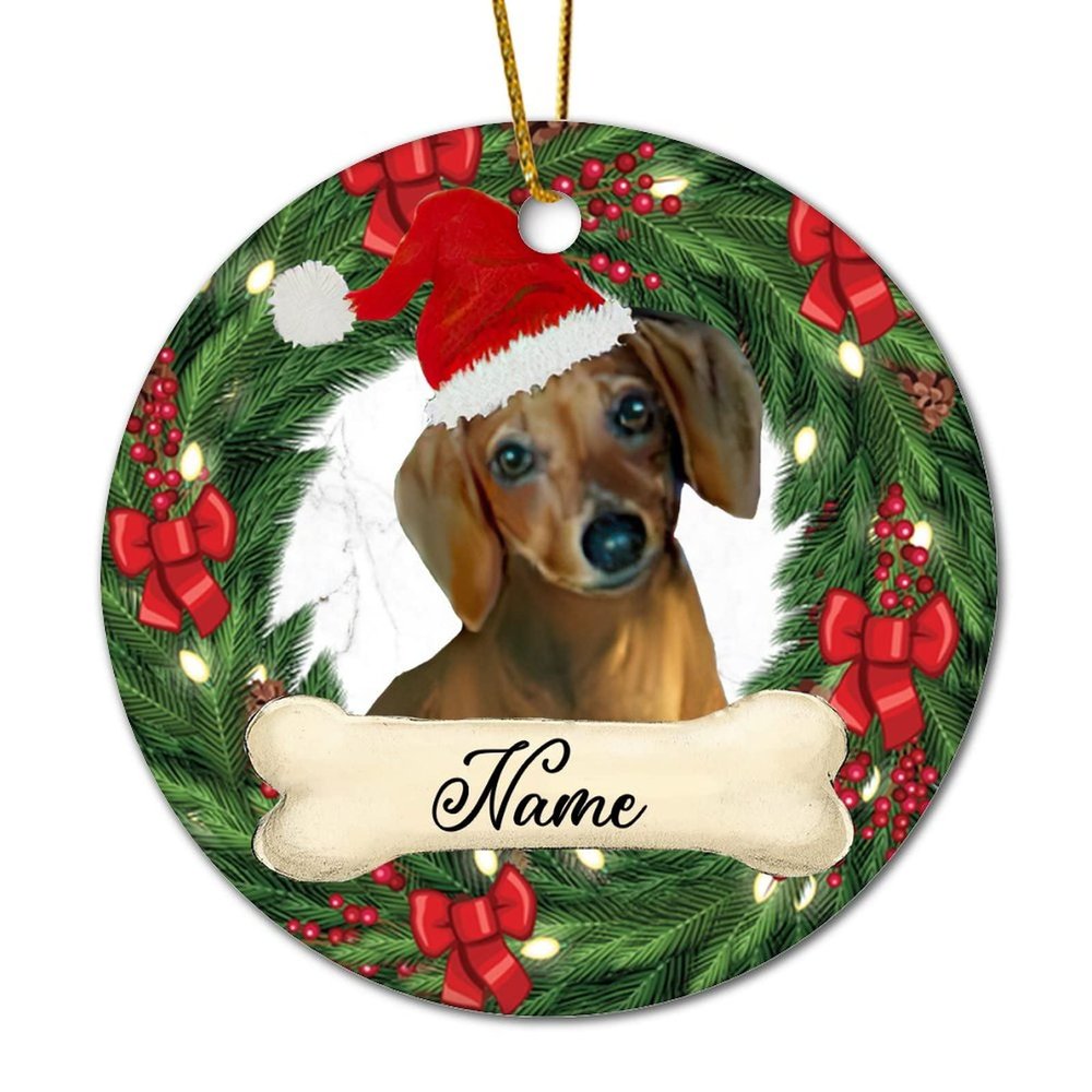 Guangpat Personalized Pet Ornament Brown Dachshund Hat Lover Custom Ornament with Name Pet Memorial Gift for Pet Owner Christmas Tree Decorations Holiday Xmas Party Decor 3" Ceramic Keepsake