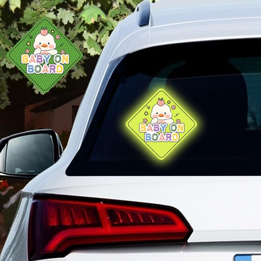 Nouiroy 2 Pcs Funny Baby On Board Car Decal-Cute Duck Baby in Car Decal Reflective Vinyl Sticker for Cars Window Bumper 4.72 * 4.72 inch Baby Safety Warning Sign Sticker (Green)