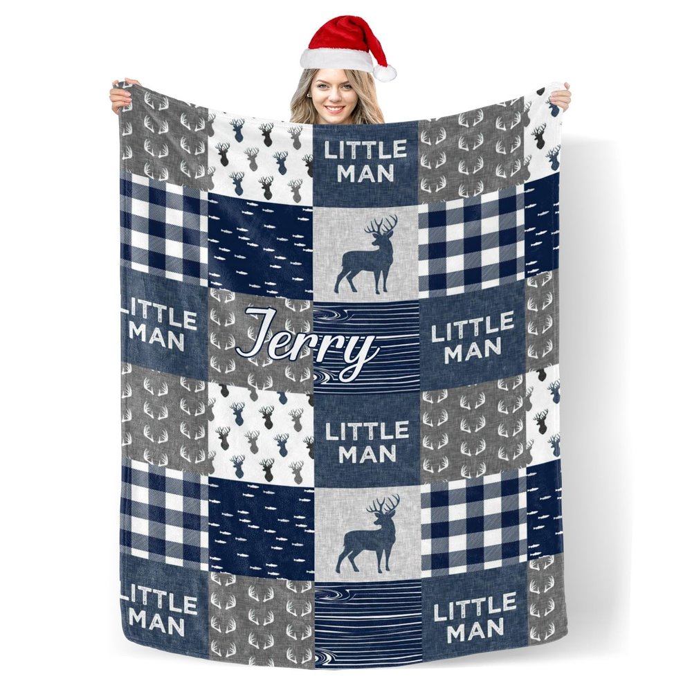 Custom Blanket with Name Text,Personalized Patchwork Deer Soft Fleece Blankets Tapestry for Baby Gifts 40X50inch