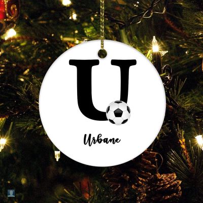 DOREENABE Christmas Ornament Soccer Ball Your Name & Initial U Customized Round Ceramic Ornament Personalized for Girl Boy 2023 Holiday Ornament for Home Christmas Tree Decor