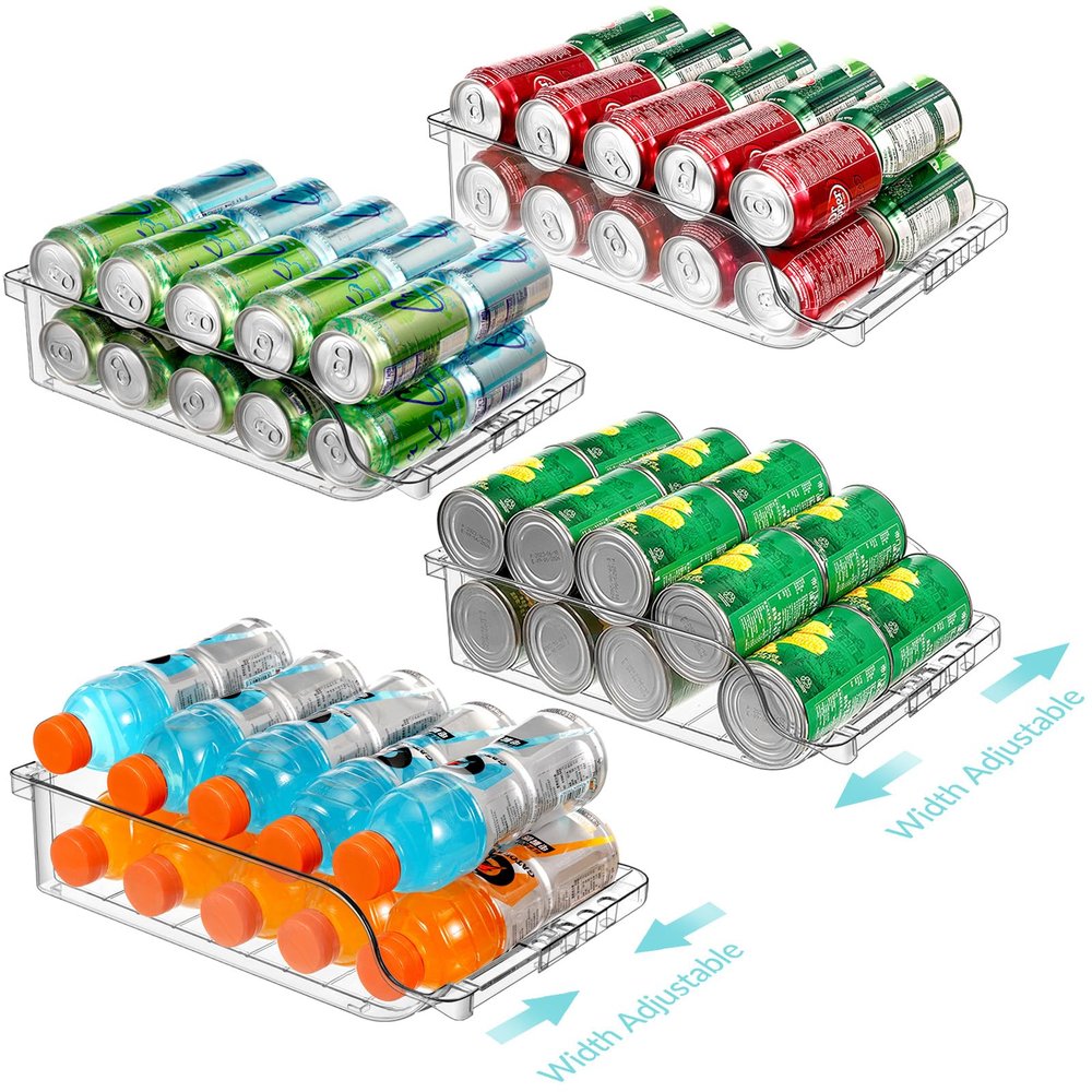 BingoHive 4 Packs Clear Width Adjustable Soda Can Organizer for Refrigerator Expandable Soda Can Dispenser for Beer Soda Seltzer Pop Can Soda Expand Organizer for Fridge Kitchen Pantry