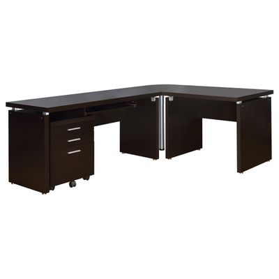Coaster Home Furnishings - Skylar - Wood - L-Shaped Desk Set with Keyboard Tray, Mobile Filing Cabinet with Casters, Three Drawers - Transitional Style - Home Office - Cappuccino - 800891-S4