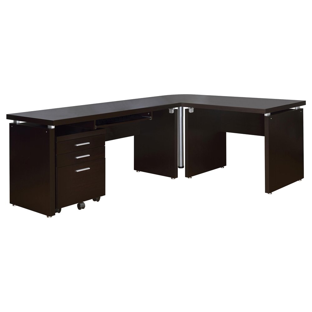 Coaster Home Furnishings - Skylar - Wood - L-Shaped Desk Set with Keyboard Tray, Mobile Filing Cabinet with Casters, Three Drawers - Transitional Style - Home Office - Cappuccino - 800891-S4