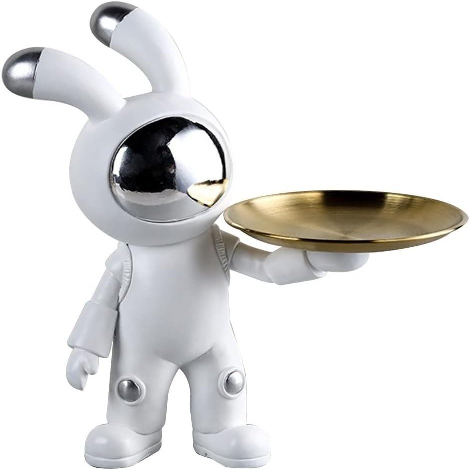 KarFri Key Tray Gold Decorative Tray Resin Space Rabbit Sculpture Statue Coffee Table Decor Home Decor Jewelry Organizer Tray Key Phone Watches Tray Candy Tray (Size : White a)