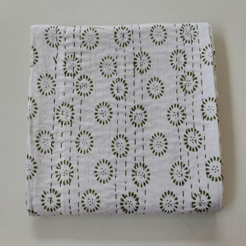 Kalap Indian Handmade Cotton Queen Kantha Quilt Traditional Twin Kantha Quilt Kantha Quilt Blanket Indian Kantha Queen Bedspreads Throw King Size Quilt Bed Cover (Green Block, Twin 90 X 60 inch)