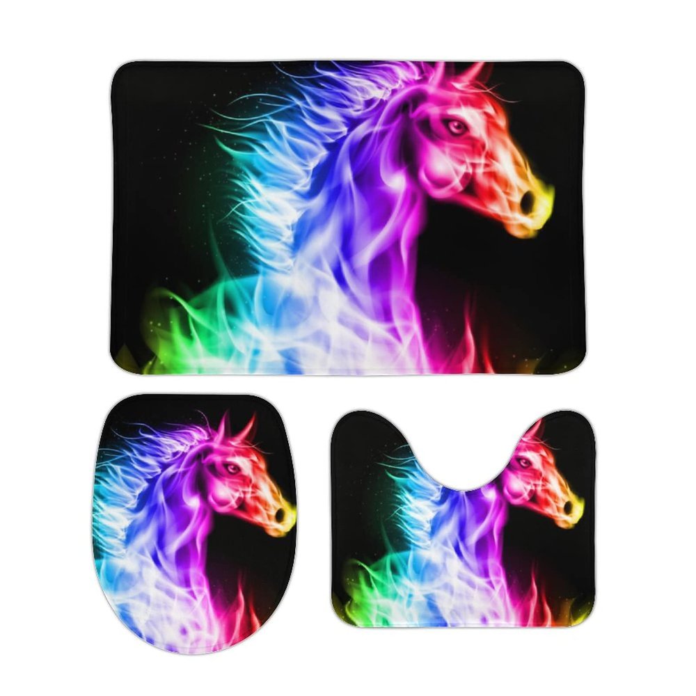 Colorful Fire Horse Bathroom Rugs Set 3 Pieces Non-Slip Bath Mats Washable Shower Mats Floor Mat Sets 19.7"x31.5"