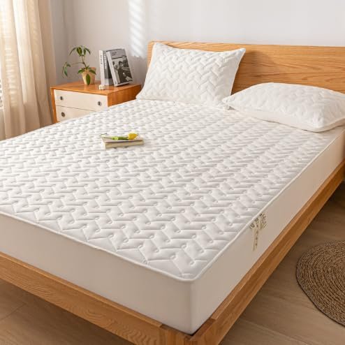 FCLDESHOP Hotel Quality Fitted Sheet,Solid Color Raw Cotton Waterproof Quilted Sheet,Elder Kids Bedroom Urine Barrier Deep Pocket Mattress Protector,White,180x200cm (1pcs)
