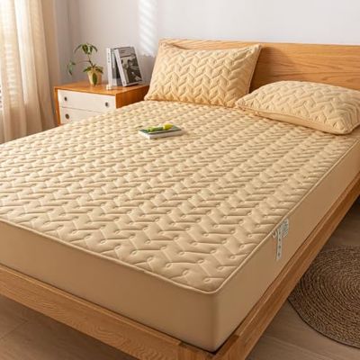 FCLDESHOP Breathable Mattress Pad Cover,Solid Color Raw Cotton Waterproof Quilted Sheet,Elder Kids Bedroom Urine Barrier Deep Pocket Mattress Protector,Khaki,200x220cm (3pcs)