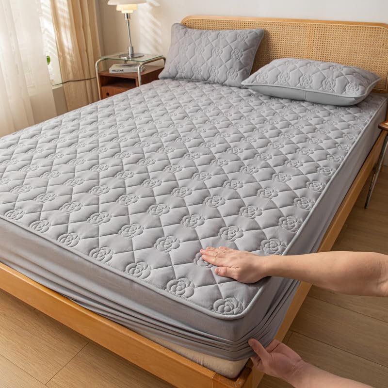 FCLDESHOP Snug Fit Fitted Sheet,Thickened Quilted Waterproof Extra Deep Pocket Bedspread,Elderly Children's Room Urine Barrier Bedding Sheets,Light Grey,180X220cm (1pcs)