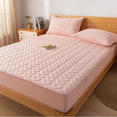 FCLDESHOP Bottom Sheet Soft,Solid Color Raw Cotton Waterproof Quilted Sheet,Elder Kids Bedroom Urine Barrier Deep Pocket Mattress Protector,Pink,200x220cm (3pcs)