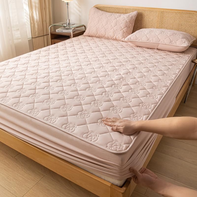 FCLDESHOP Deep Pocket Queen Size Sheets,Thickened Quilted Waterproof Extra Deep Pocket Bedspread,Elderly Children's Room Urine Barrier Bedding Sheets,Pink,200X200cm (1pcs)