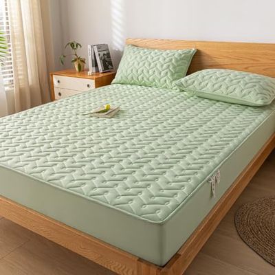 FCLDESHOP Machine Washable Mattress Topper,Solid Color Raw Cotton Waterproof Quilted Sheet,Elder Kids Bedroom Urine Barrier Deep Pocket Mattress Protector,Green,135x200cm (3pcs)