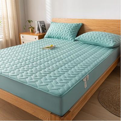 FCLDESHOP Queen Fitted Sheet,Solid Color Raw Cotton Waterproof Quilted Sheet,Elder Kids Bedroom Urine Barrier Deep Pocket Mattress Protector,Blue,90x200cm (3pcs)