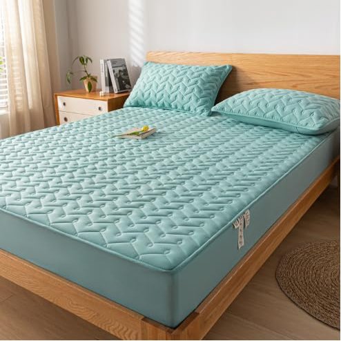 FCLDESHOP Queen Fitted Sheet,Solid Color Raw Cotton Waterproof Quilted Sheet,Elder Kids Bedroom Urine Barrier Deep Pocket Mattress Protector,Blue,90x200cm (3pcs)