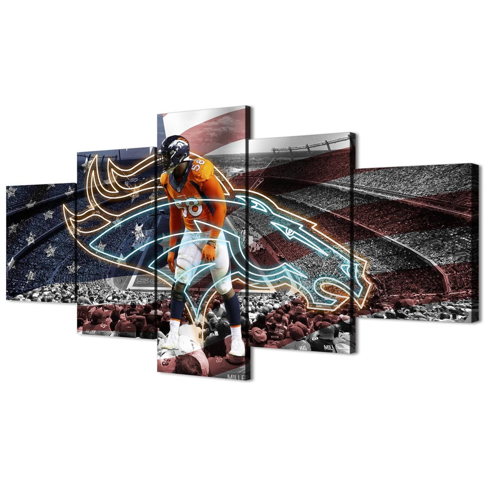 (100X175CM/5PCS) Frame Canvas Print Poster - American football Denver Field Stadium with Neon Broncos badge - Von Miller Player Wall Art for Home and Office Decor