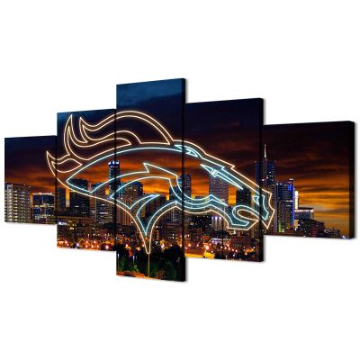 (100X175CM/5PCS) Frame Canvas Print Poster - Denver Downtown night view With American football Neon Broncos badge - City Landscape Wall Art for Home and Office Decor