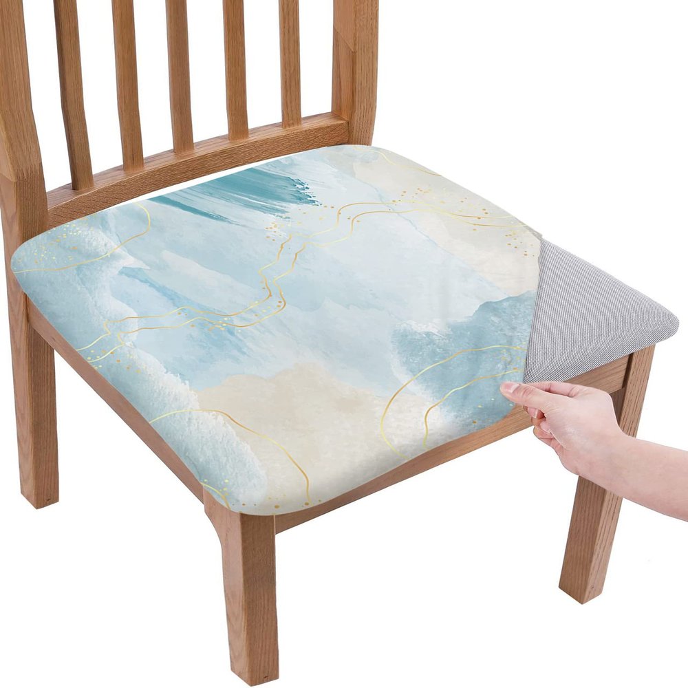 ZOE GARDEN Gradient Marble Chair Seat Covers for Dining Room Stretch Chair Seat Covers Set of 1, Chair Seat Protector Cushion Slipcovers for Kitchen Restaurant Office Modern Ombre Teal Turquoise Gold