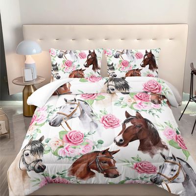 Nttopship Horse and Flower Comforter Set for Girls Kids Horse and Floral 3 Piece Bedding Set Twin Floral Lightweight Comforter Down Alternative with 2 Pillowcases All Seasons
