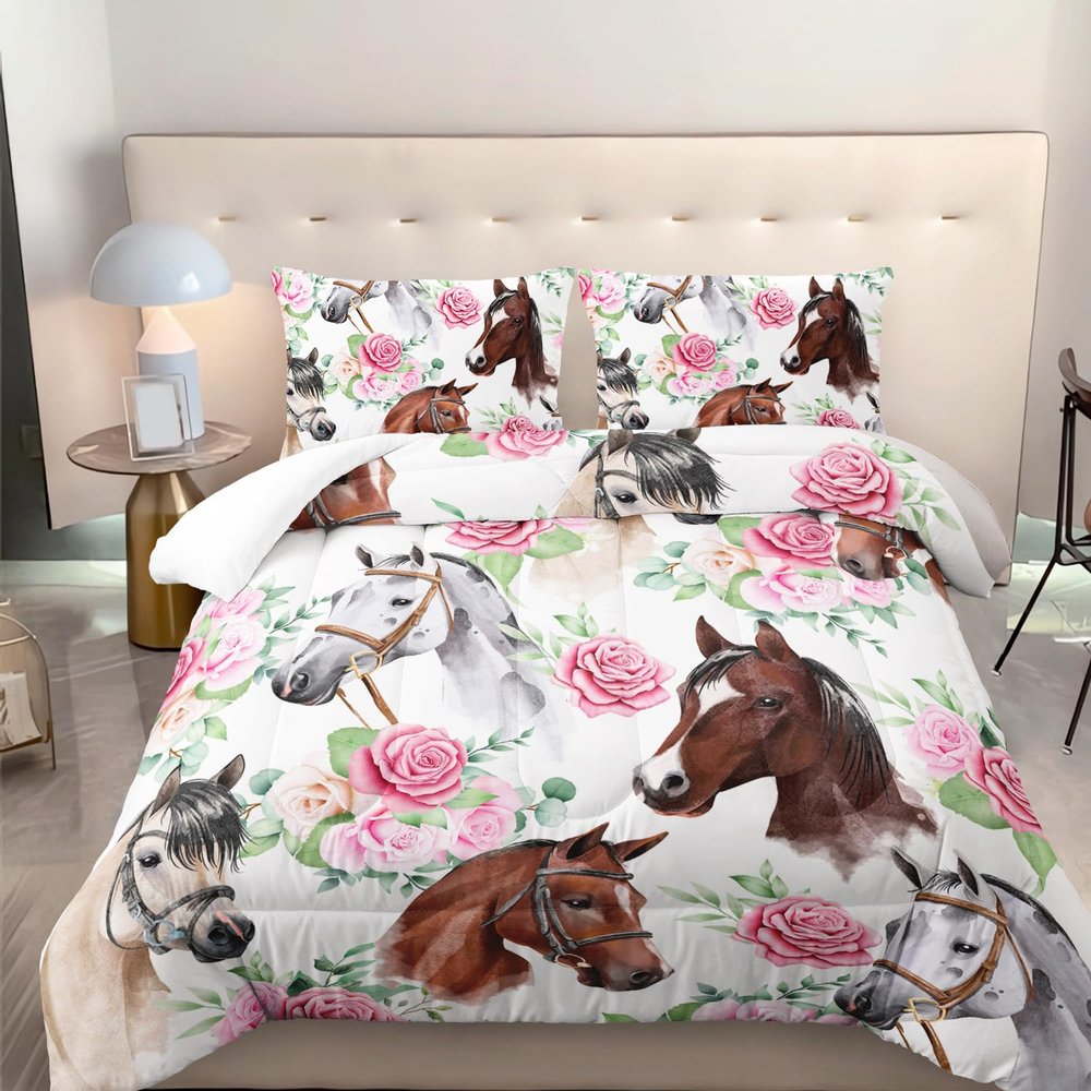 Nttopship Horse and Flower Comforter Set for Girls Kids Horse and Floral 3 Piece Bedding Set Twin Floral Lightweight Comforter Down Alternative with 2 Pillowcases All Seasons