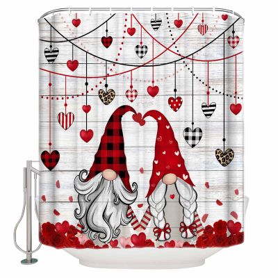 Valentine's Day Shower Curtain for Bathroom 36" x 72", Romance Love Heart Gnome Wood Grain Shower Curtain with Hooks Polyester Waterproof Home Bathtub Decor