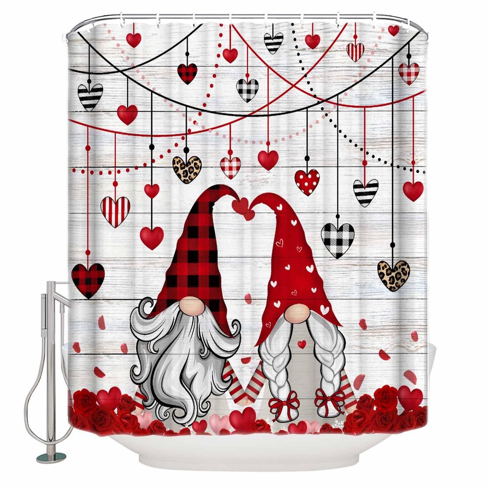 Valentine's Day Shower Curtain for Bathroom 36" x 72", Romance Love Heart Gnome Wood Grain Shower Curtain with Hooks Polyester Waterproof Home Bathtub Decor