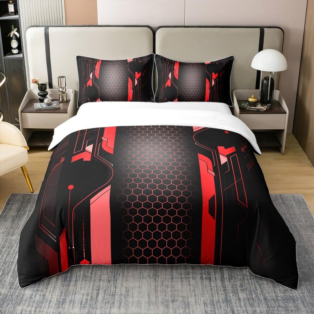 Red Black Honeycomb 100% Duvet Cover Full Size 3 Pcs Modern Simple Geometric Grid Bedding Set for Kids Teens Adults Abstract Stripes Lines Decor Comforter Cover with 2 Pillowcases(No Comforter)