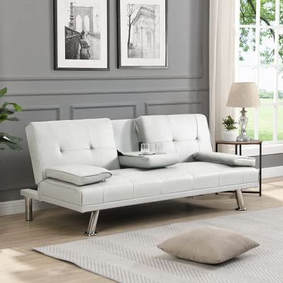 anwickjeff Convertible Folding Futon Sofa Bed with Metal Legs & 2 Cupholders, Modern New Upholstered Couch Loveseat Sleeper, Folding Couches Bed, Removable Armrests for Small Spaces (White)