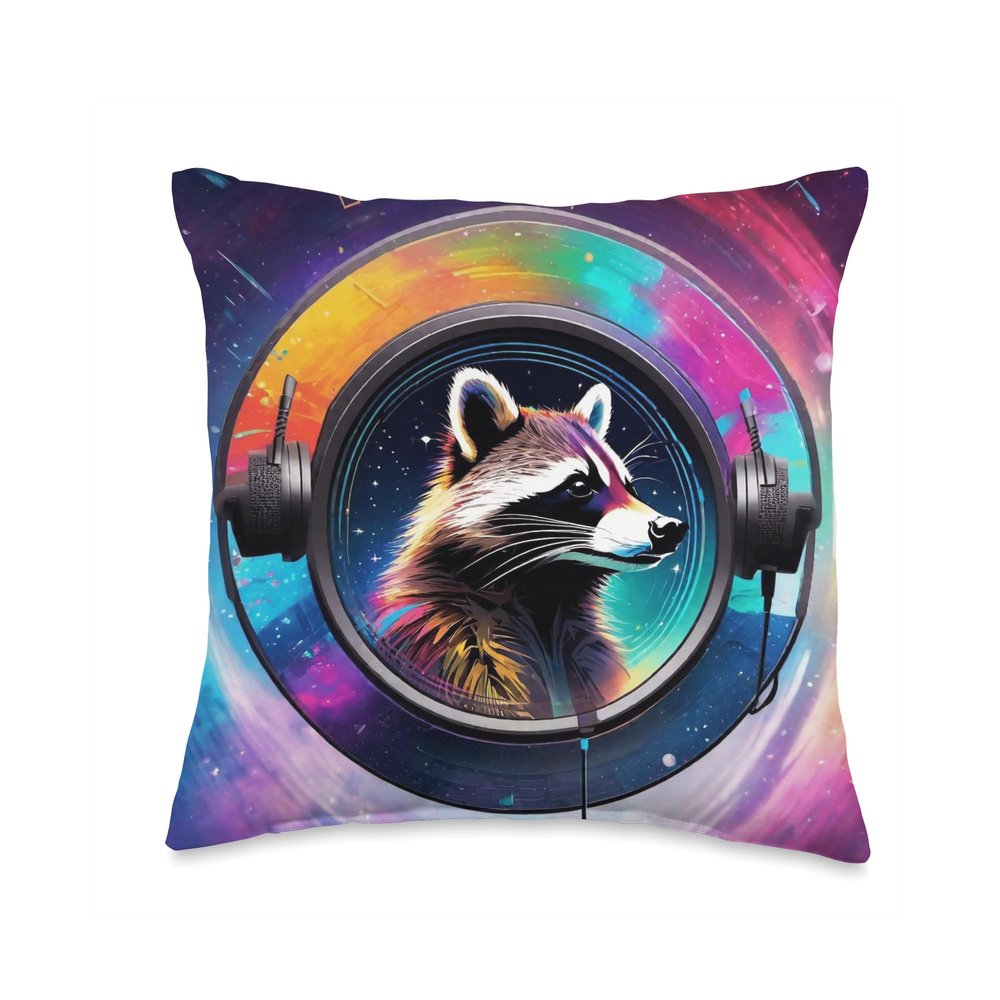 Rave Doctor's Psychedelic n Surreal Festival Garbs Rave Festival Essential Psychedelic Raccoon EDM Dancing Throw Pillow, 16x16, Multicolor