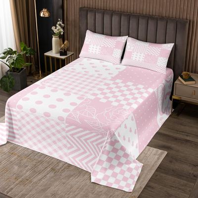 Manfei Pink Plaid Bedspread Queen Size, Paisley Floral Heart Print Quilted Coverlet with 2 Pillowcases, Lattice Patchwork Coverlet Set 3pcs for Kids Girl Room Decor, Soft Polyester Bedding Quilt