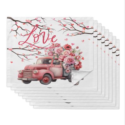 Kewadony Dinner Cloth Napkins Set of 8, Pink Truck Valentine's Day Washable Cocktail Cloth Napkins 20 x 20 Inch, Love Heart Tree Spring Floral Reusable Table Napkins for Wedding Holiday Party