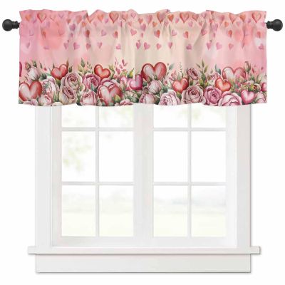 Anzona Curtain Valance 60" x 18", Valentines Day Floral Window Valances Rod Pocket Curtains Drapes, Pink Red Ombre Love Heart Short Topper Curtain for Kitchen Cafe Living Room, 1 Panel